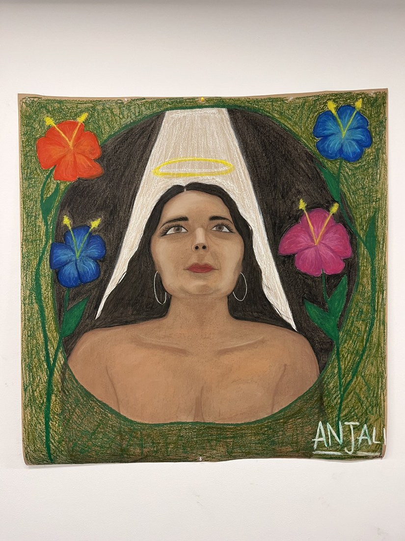 Self-portrait by Anjali Denissov — oil pastel on paper, a woman with a halo framed by hibiscus flowers